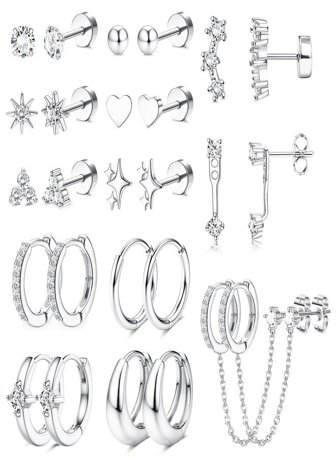Florideco Silver Plated Flat Back Earrings Hypoallergenic Surgical Steel Earrings for Women Trendy Cartilage Chain Hoop Earring Studs 14K Gold Plated Star Heart CZ Flatback Stud Earring Pack - Image 1